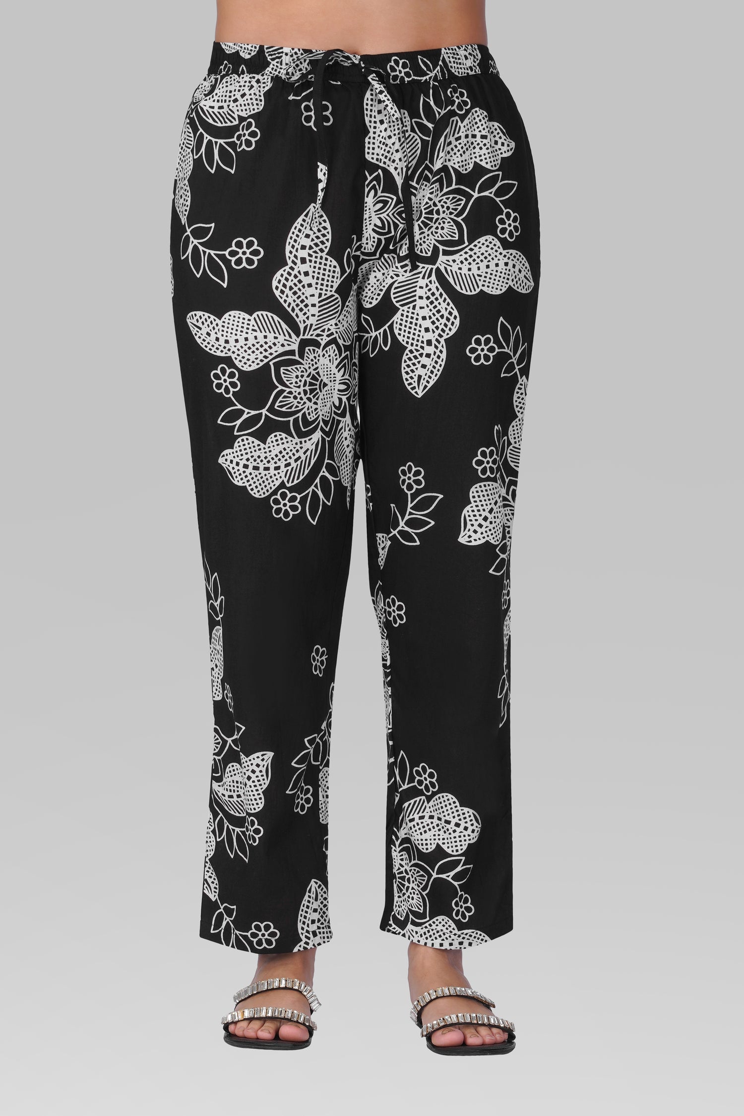 Black V Neck Cotton Printed Pyjama Set