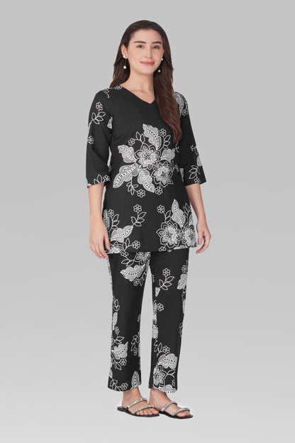 Black V Neck Cotton Printed Pyjama Set