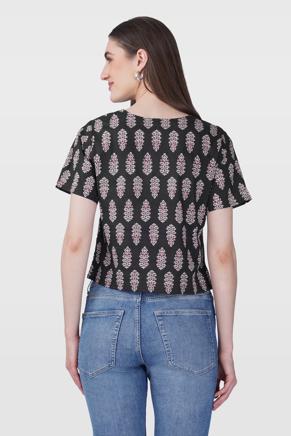 Black V Neck Cotton Printed Top