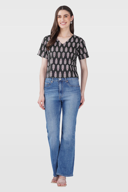Black V Neck Cotton Printed Top