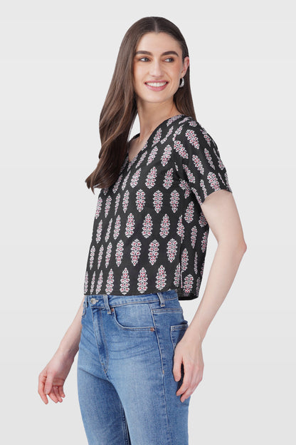 Black V Neck Cotton Printed Top