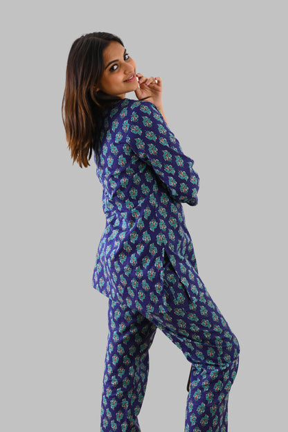 Blue Butta Cotton Printed Pyjama Set