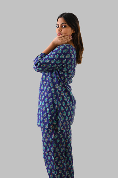 Blue Butta Cotton Printed Pyjama Set