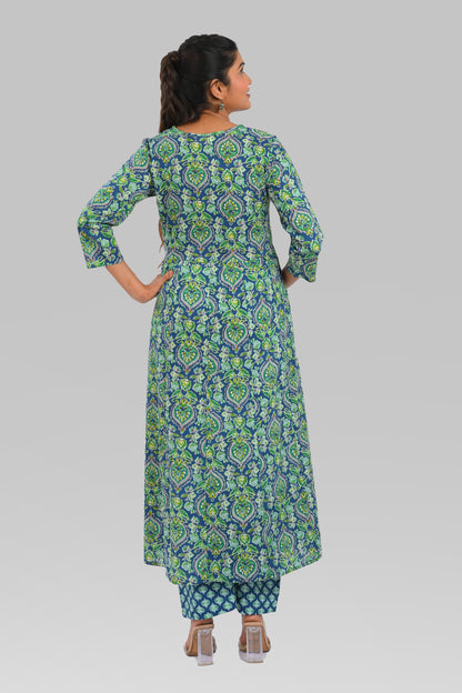 Blue Cotton Printed Kurta Set