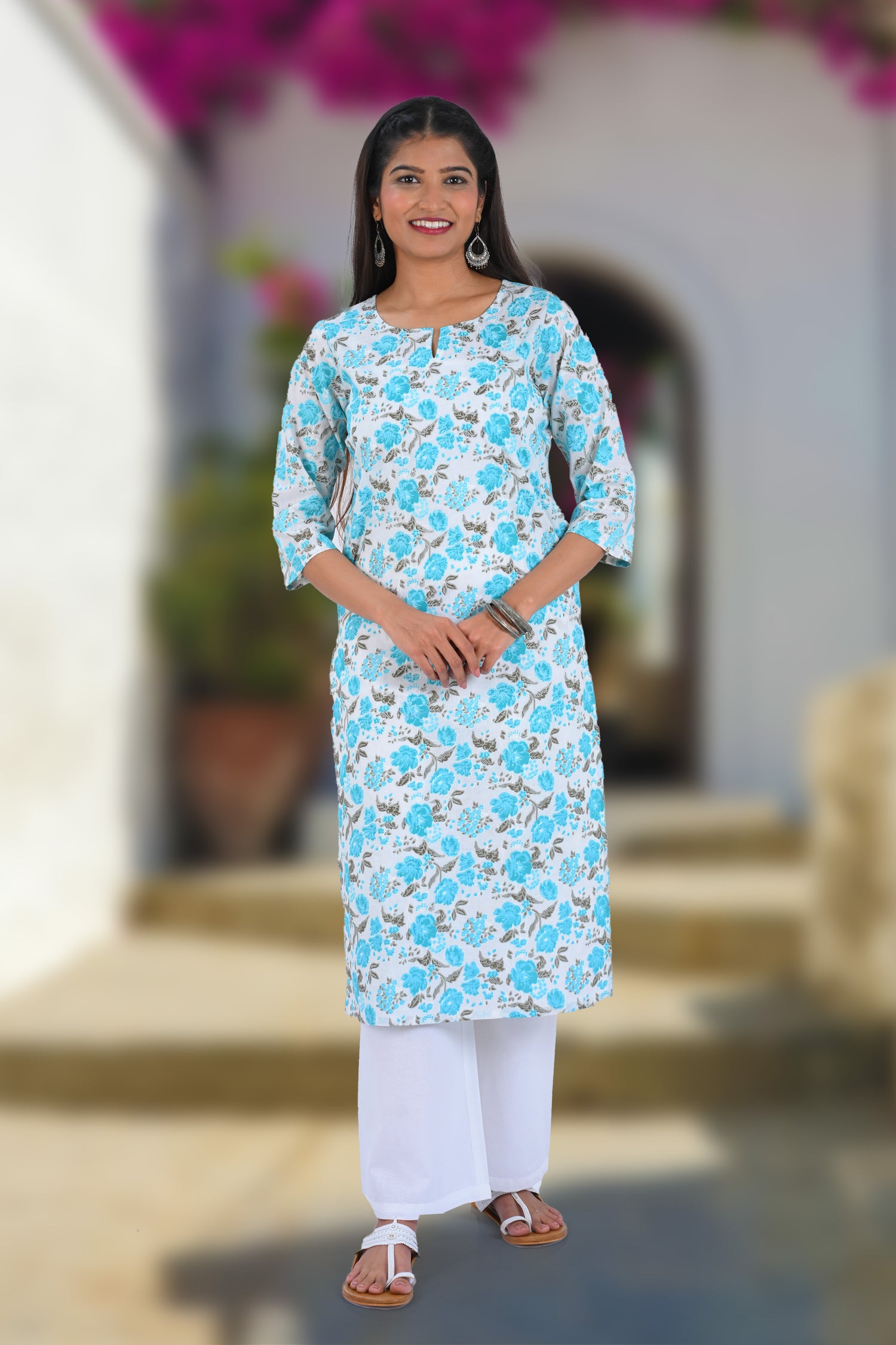 Blue Cotton Printed Long Kurta