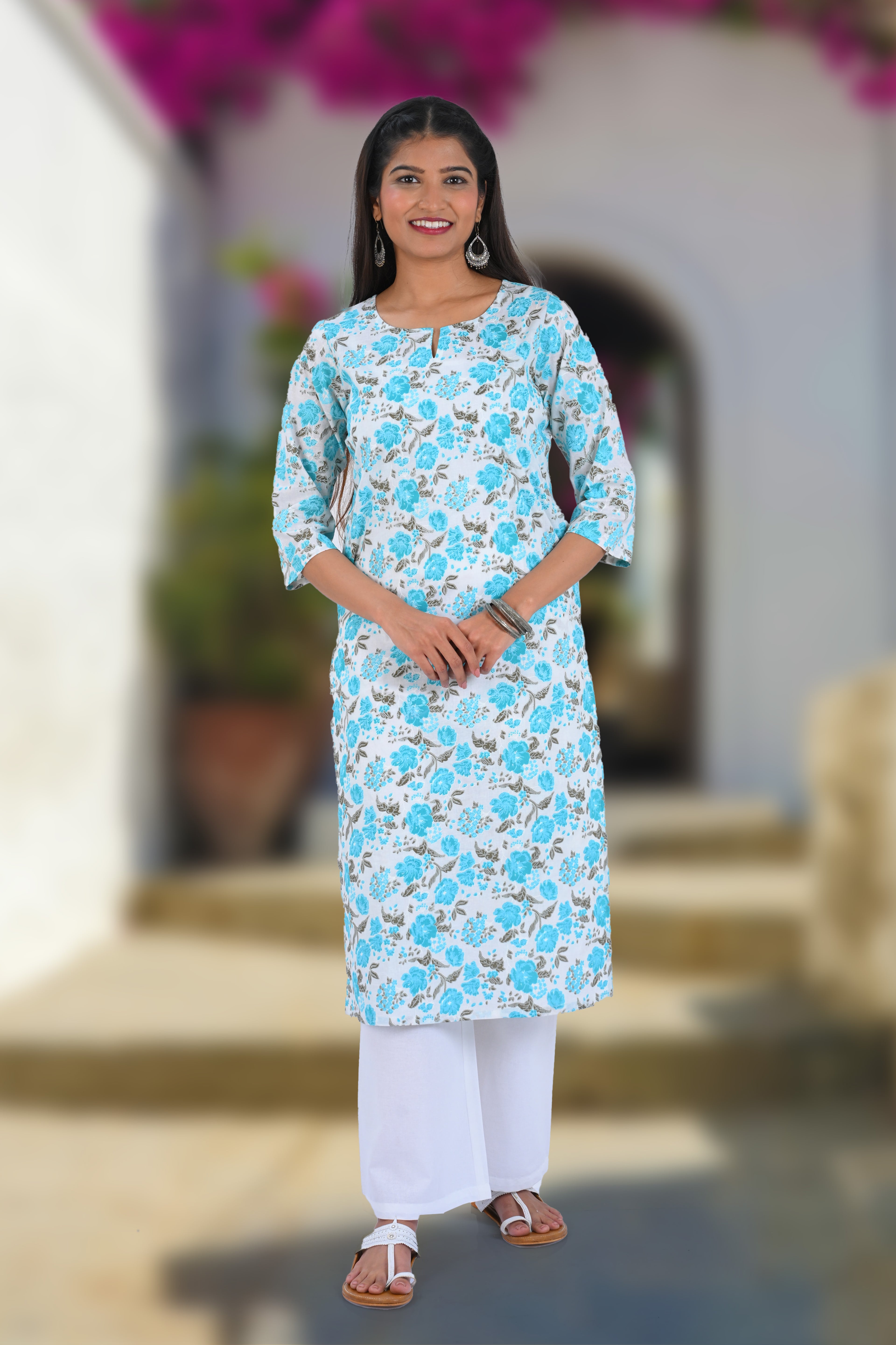 Blue Cotton Printed Long Kurta
