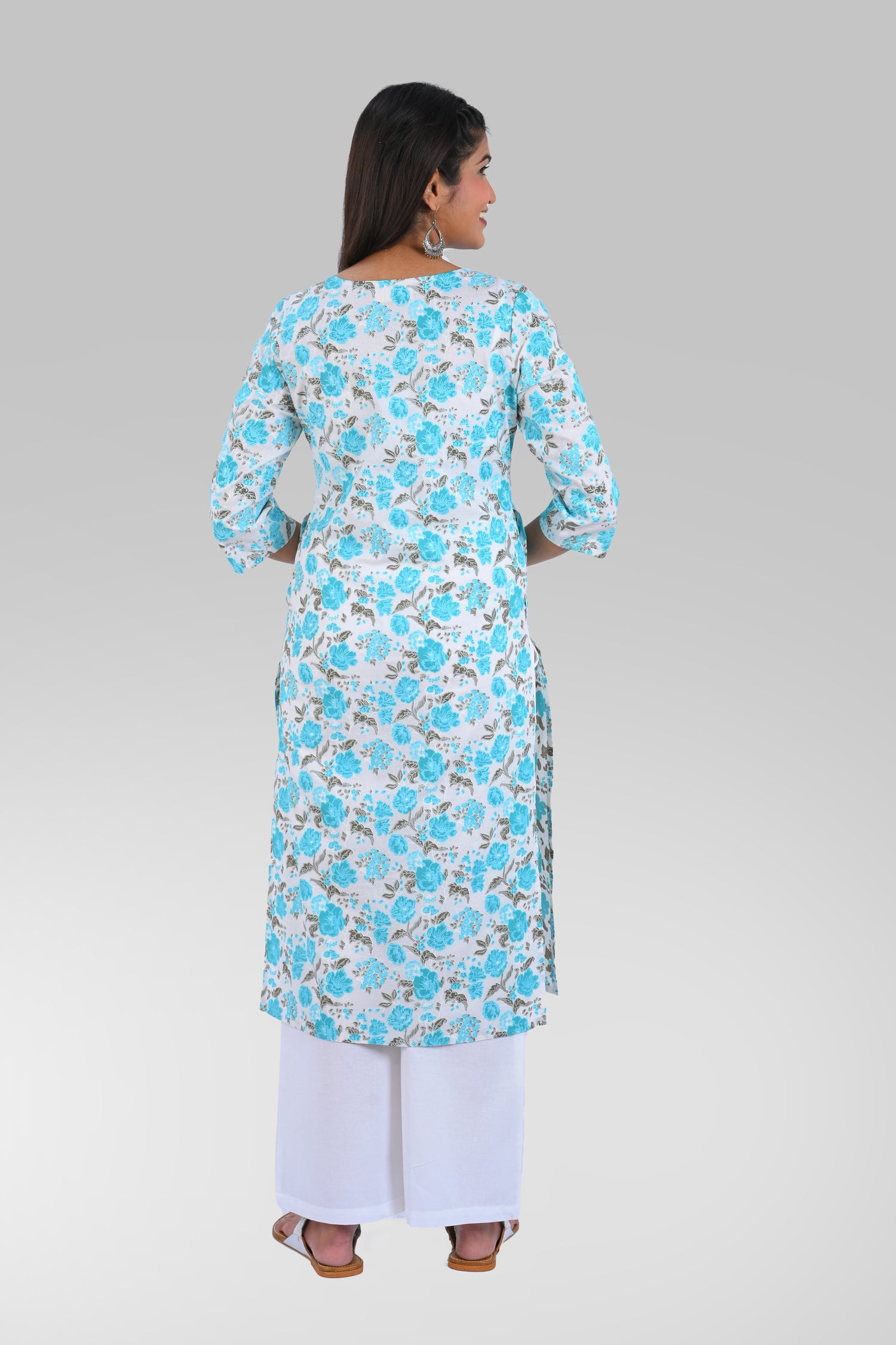 Blue Cotton Printed Long Kurta