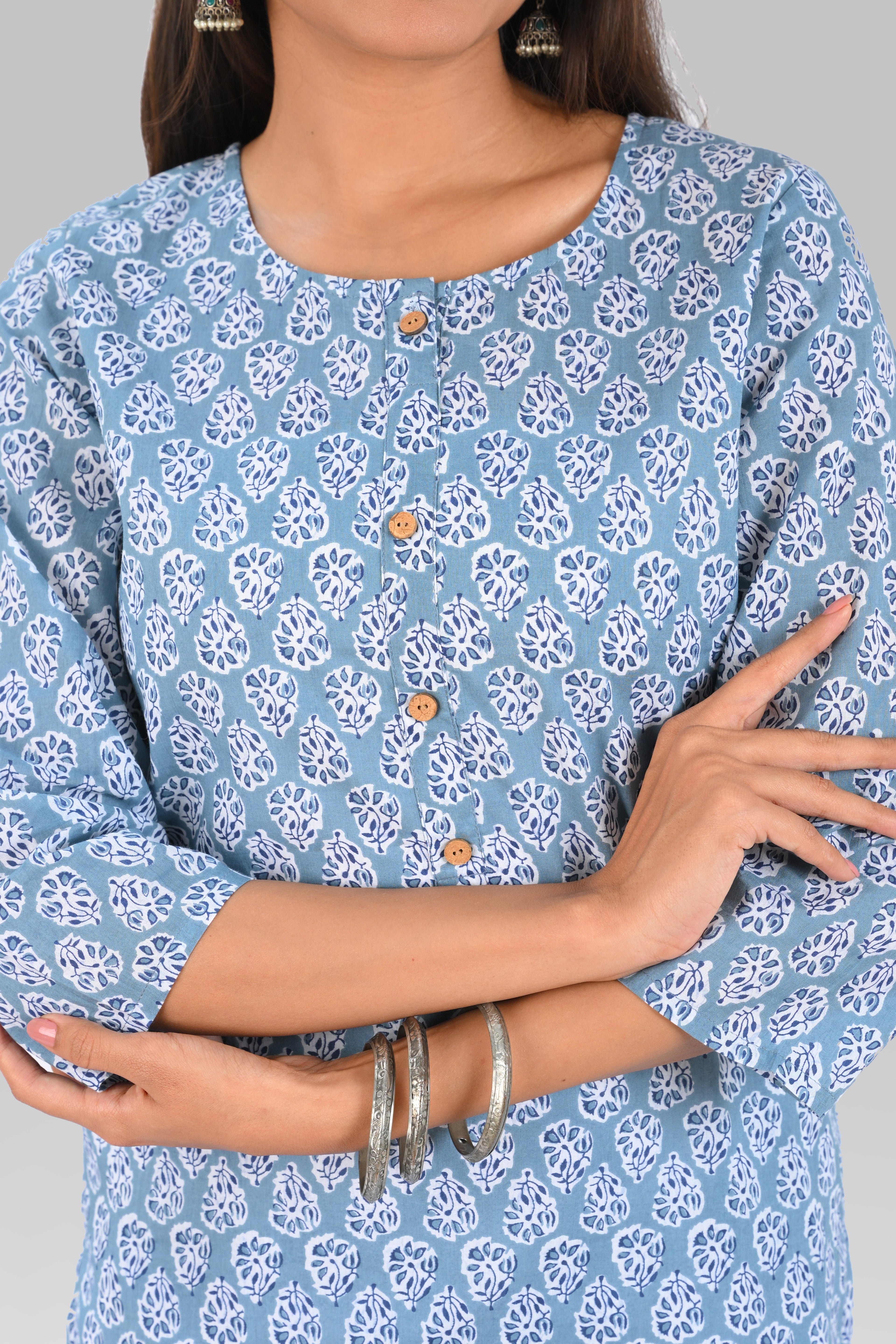 Blue Cotton Printed Long Kurta