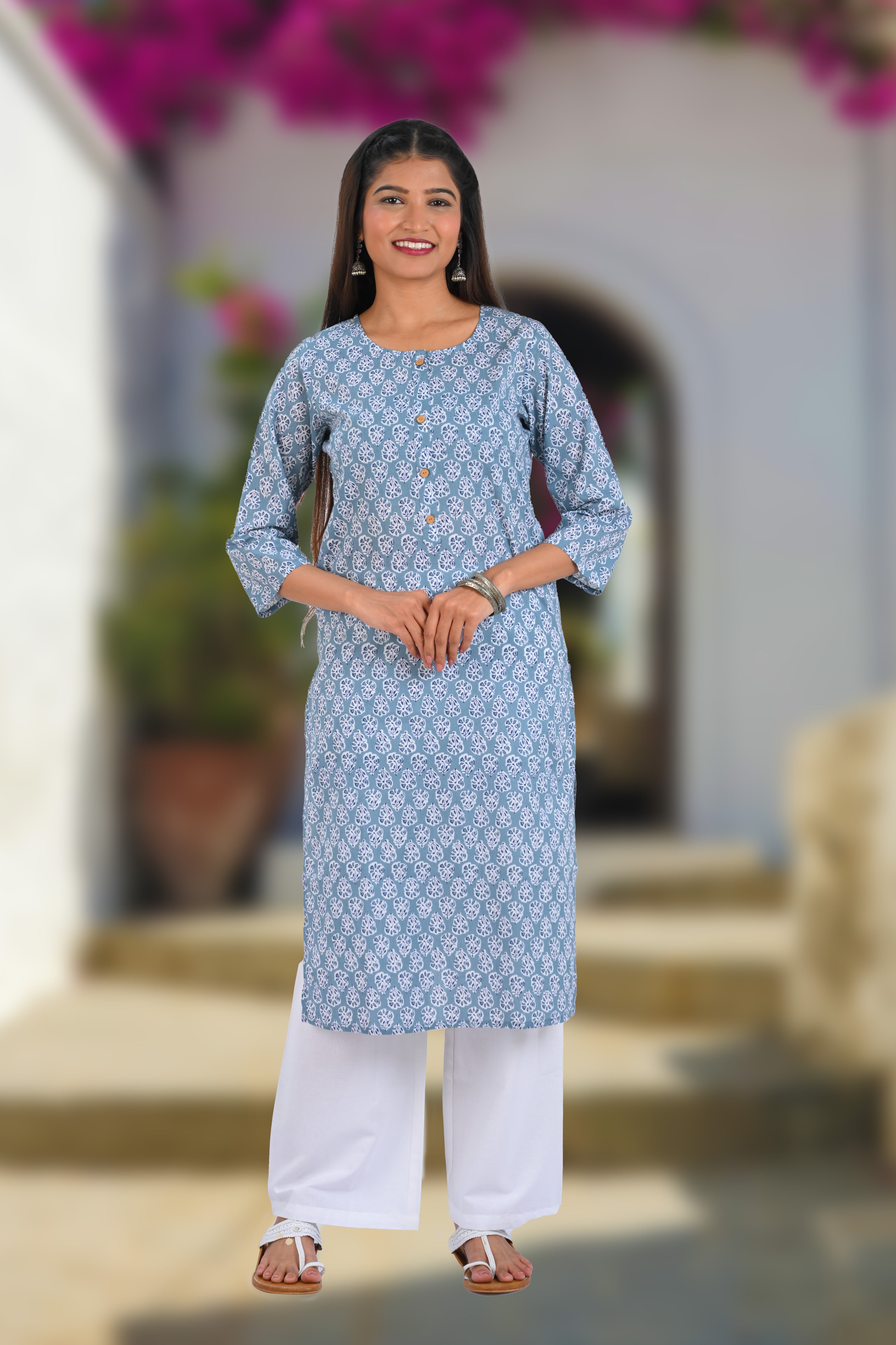 Blue Cotton Printed Long Kurta