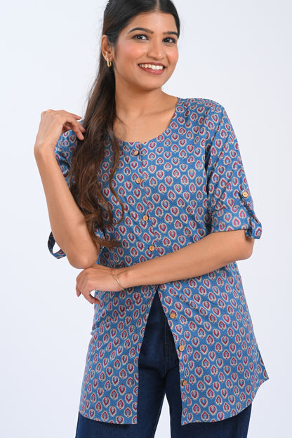Blue Cotton Printed Short Kurti