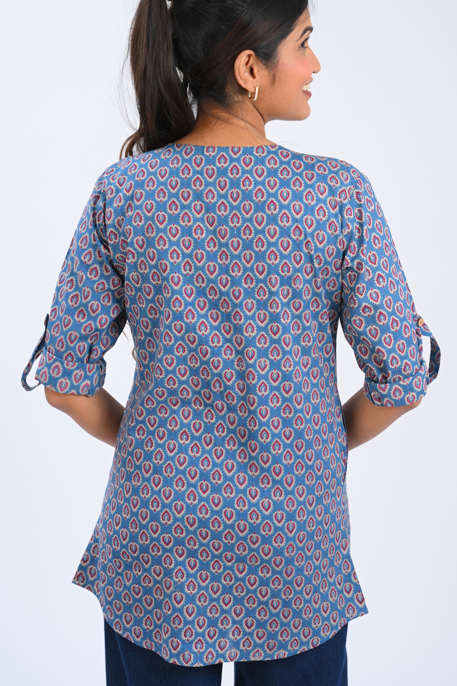Blue Cotton Printed Short Kurti