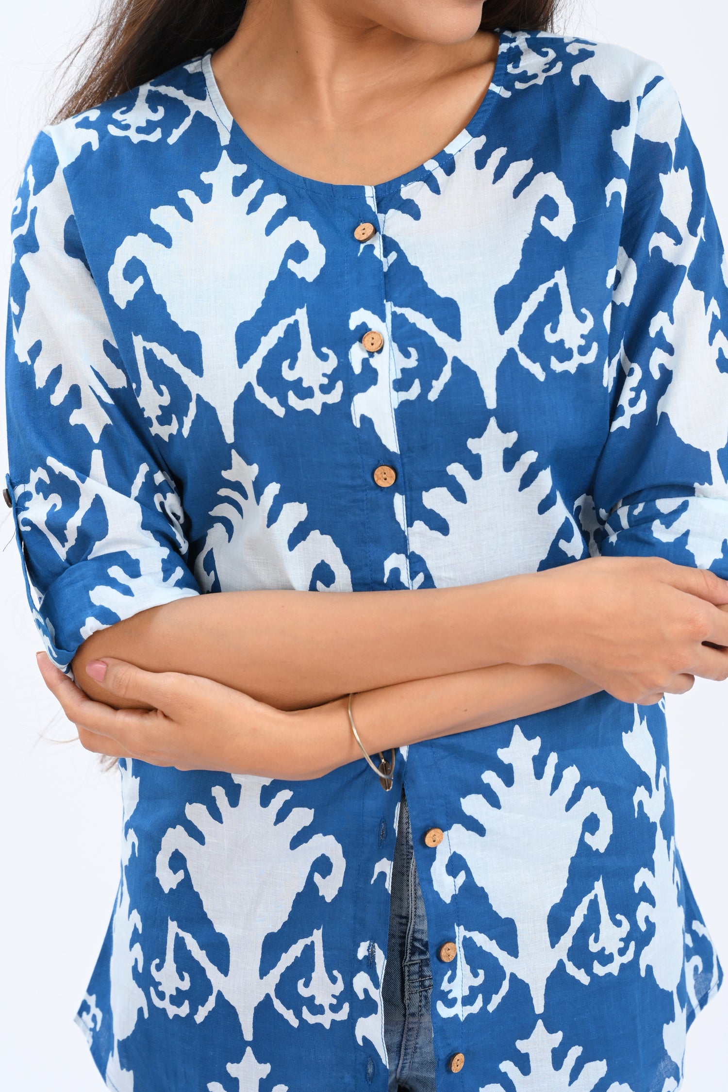 Blue Cotton Printed Short Kurti