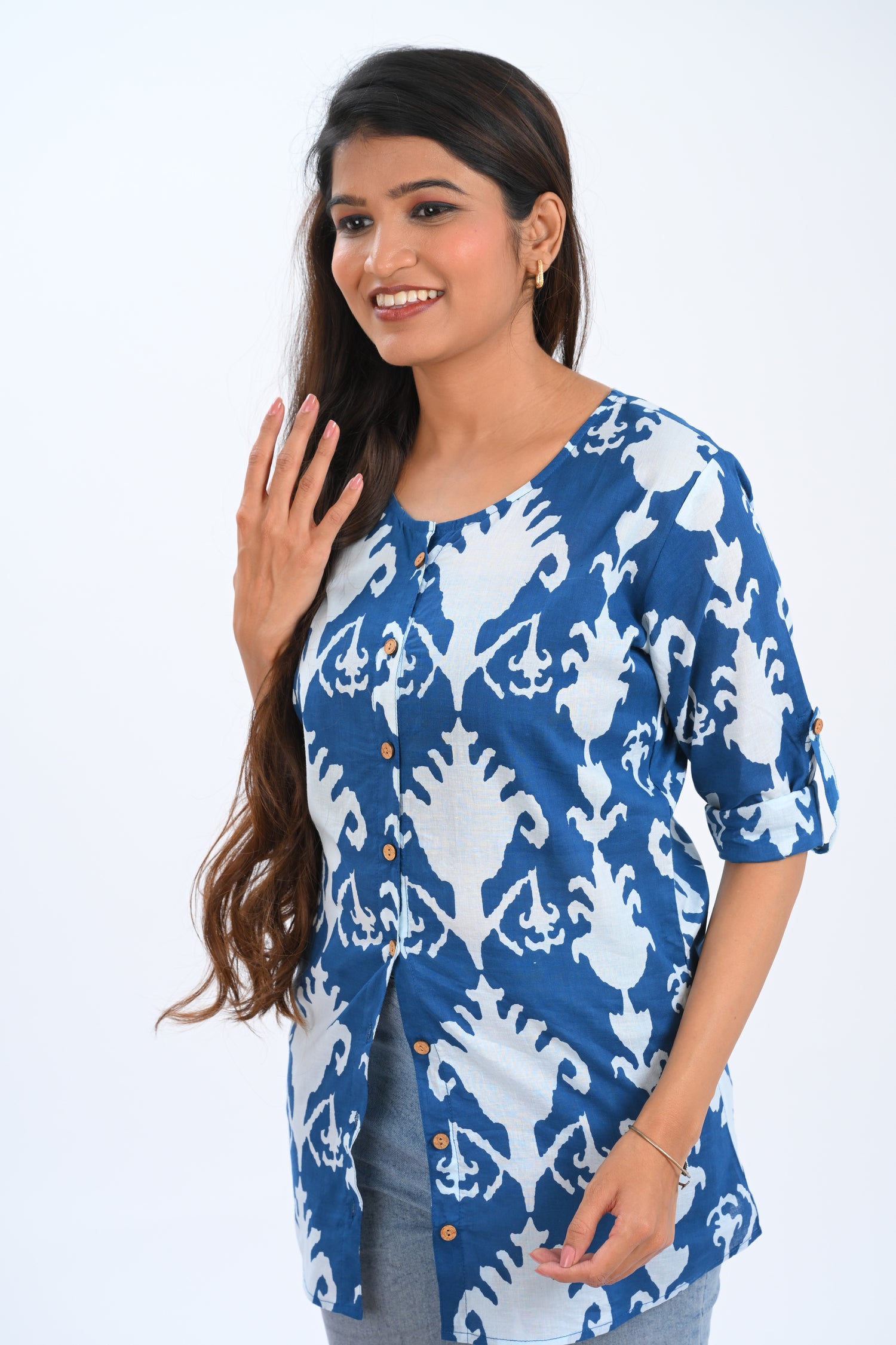Blue Cotton Printed Short Kurti