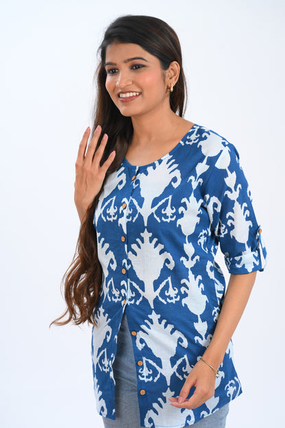 Blue Cotton Printed Short Kurti