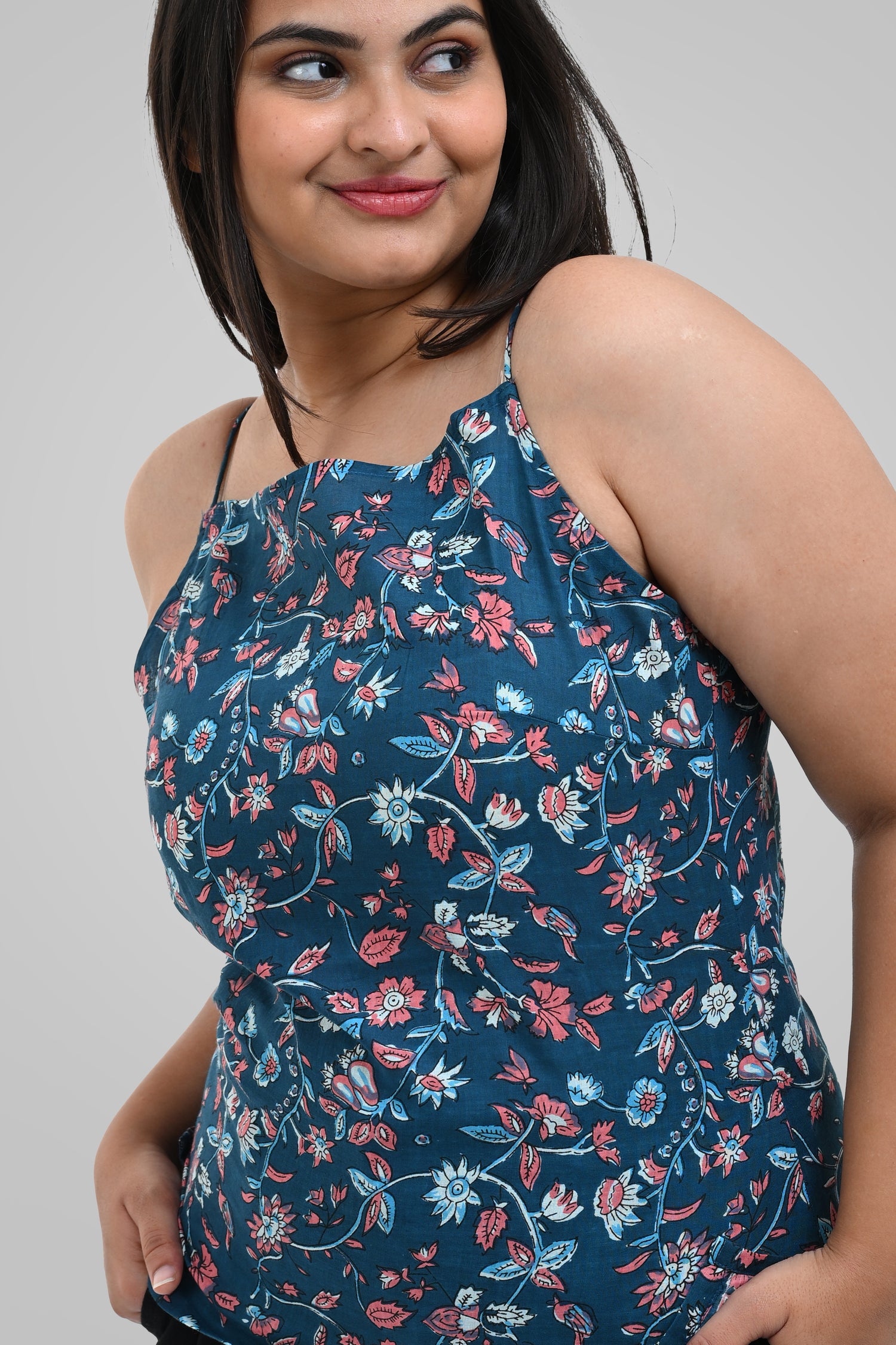 Blue Floral Cotton Printed Strap Top
