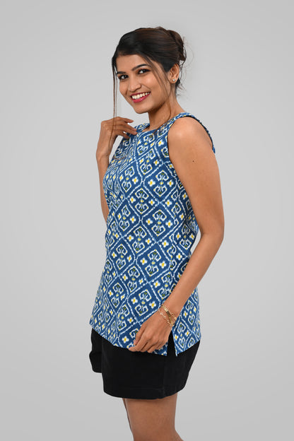 Blue Ikat Cotton Printed Sleeveless Kurti