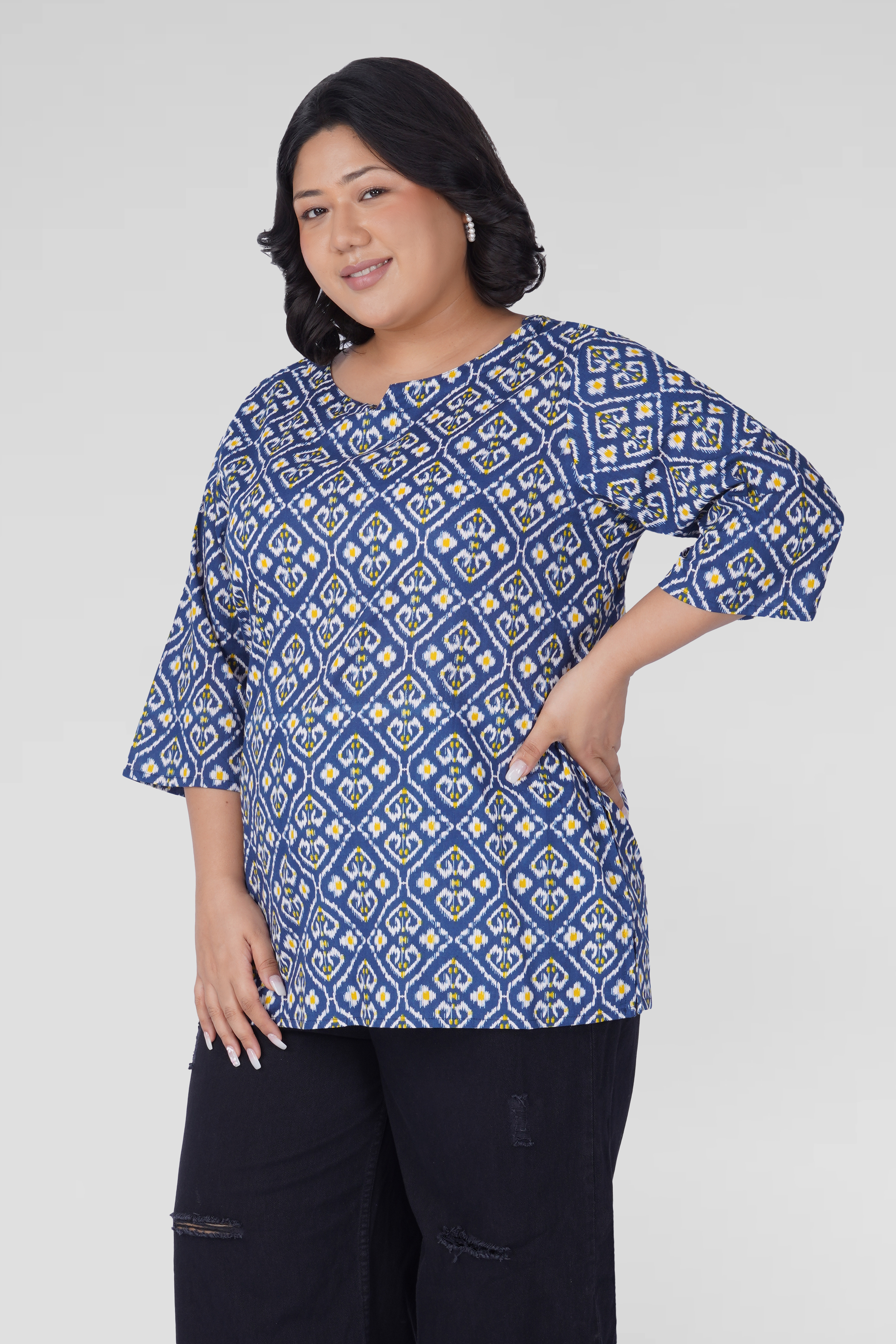 Blue Ikat Plus Size Cotton Printed Kurti
