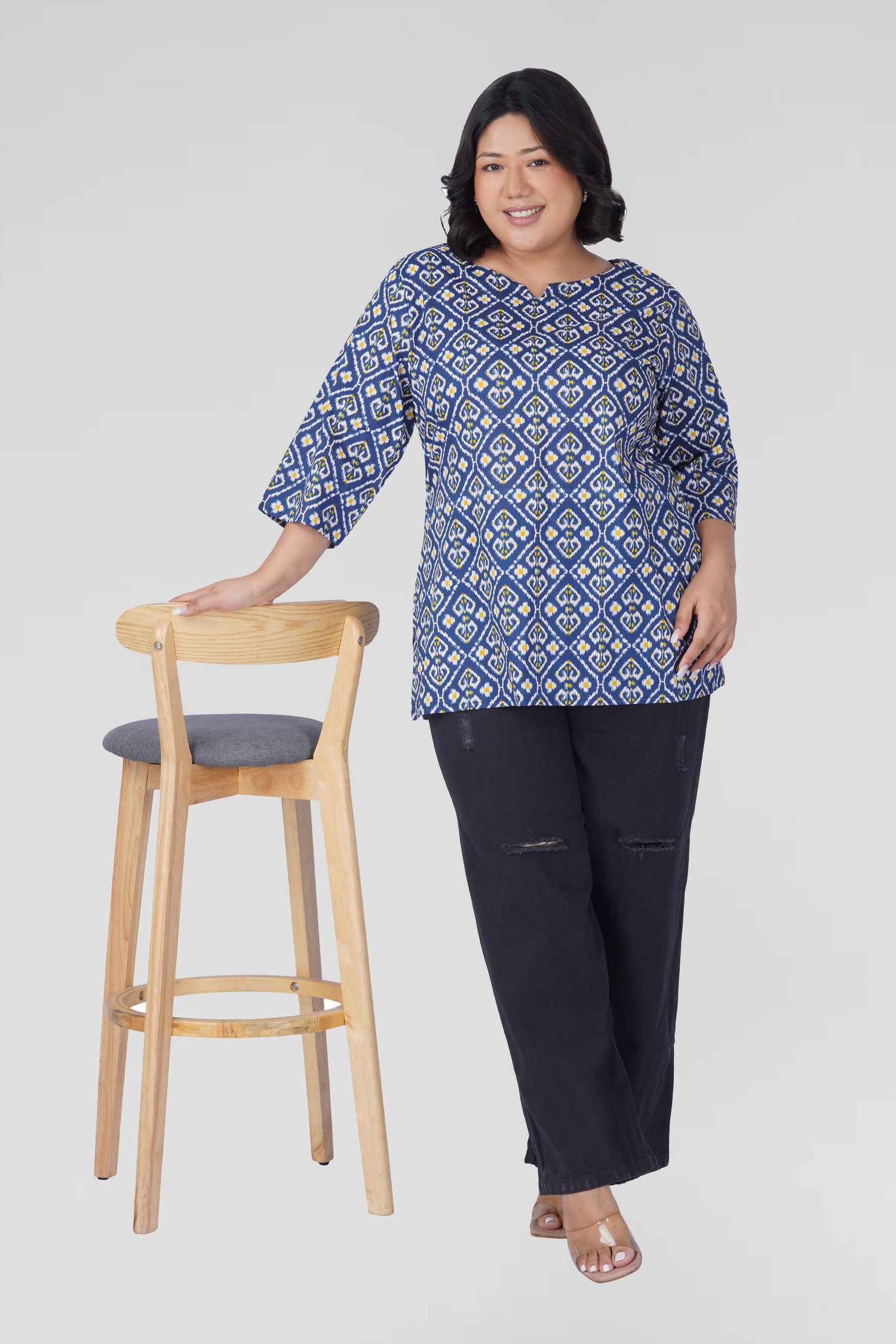 Blue Ikat Plus Size Cotton Printed Kurti