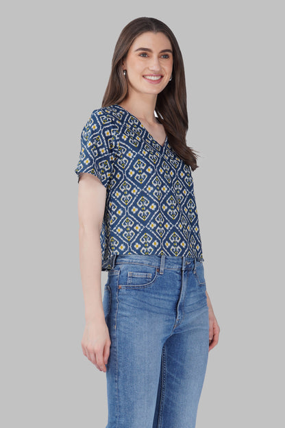 Blue Ikat V Neck Cotton Printed Top