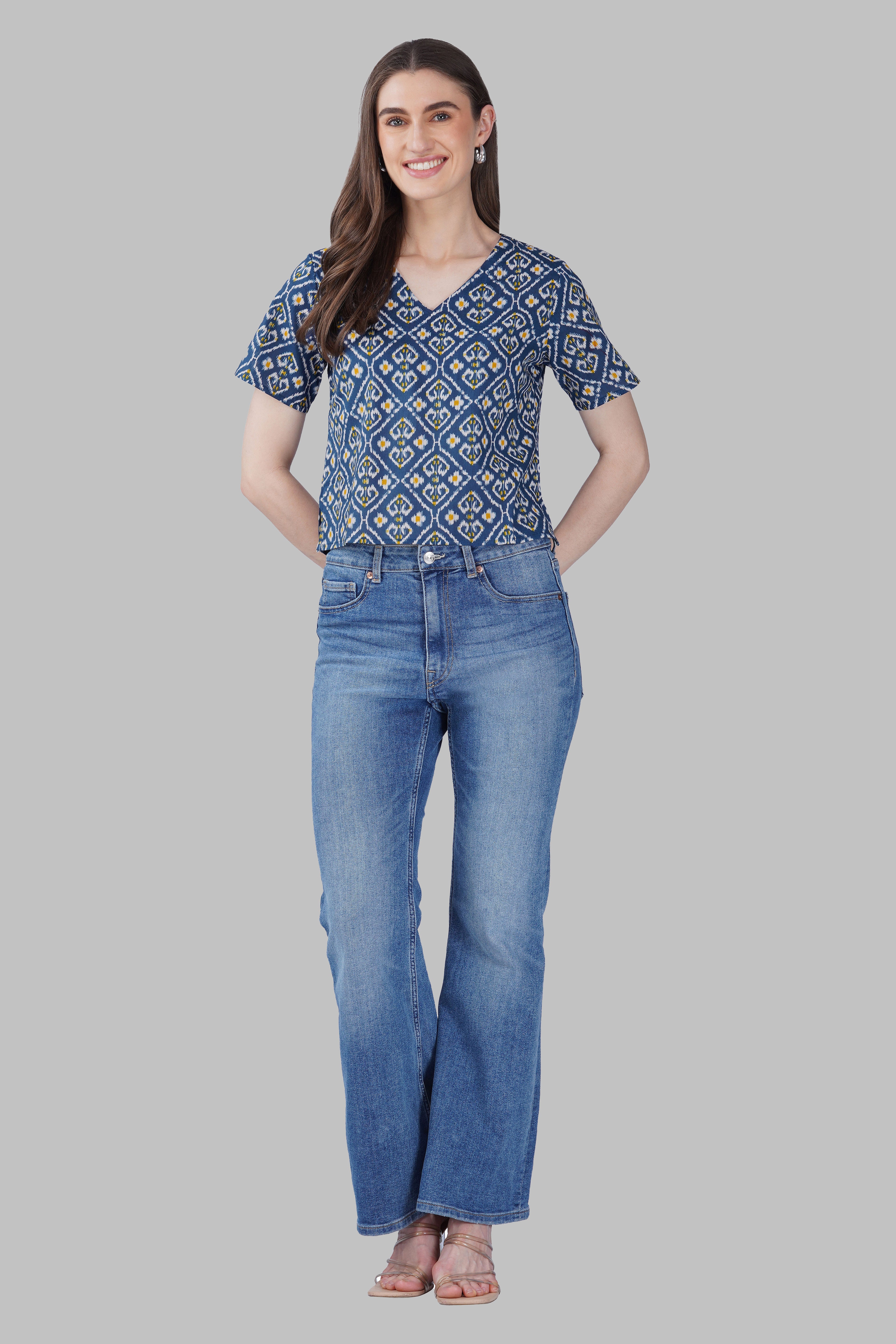 Blue Ikat V Neck Cotton Printed Top