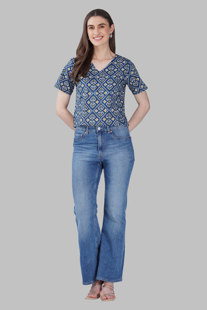 Blue Ikat V Neck Cotton Printed Top