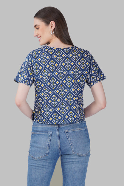 Blue Ikat V Neck Cotton Printed Top