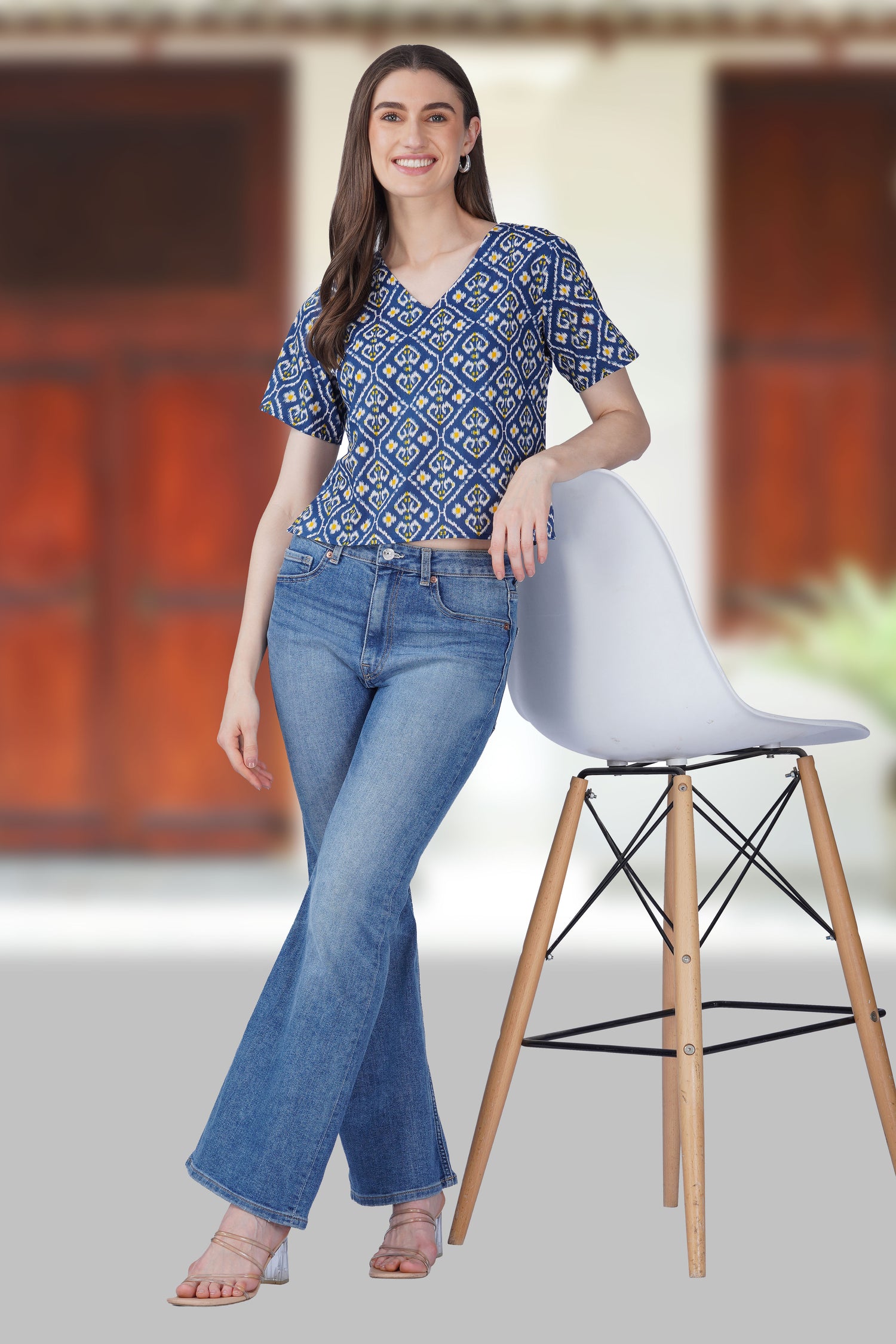 Blue Ikat V Neck Cotton Printed Top