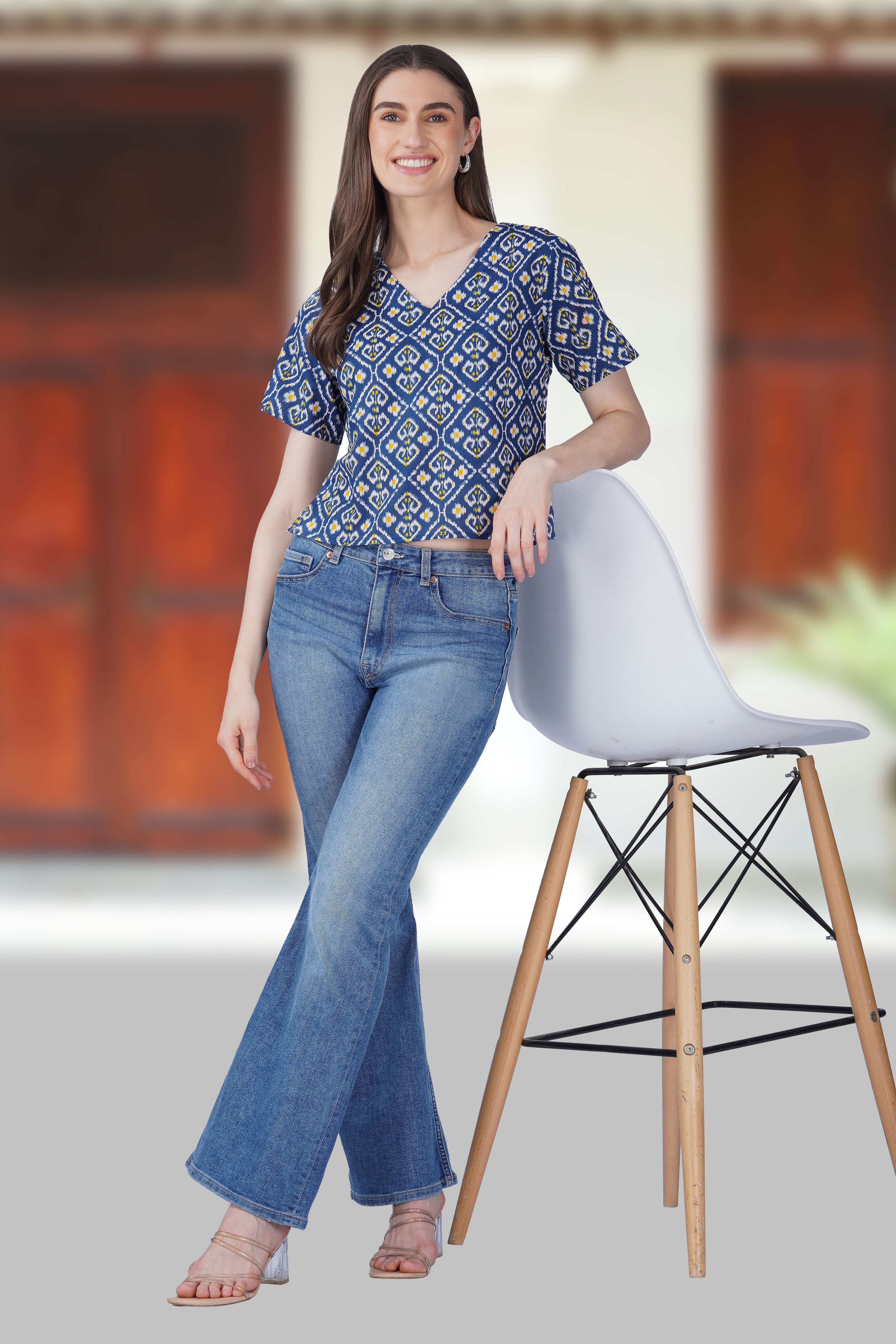 Blue Ikat V Neck Cotton Printed Top