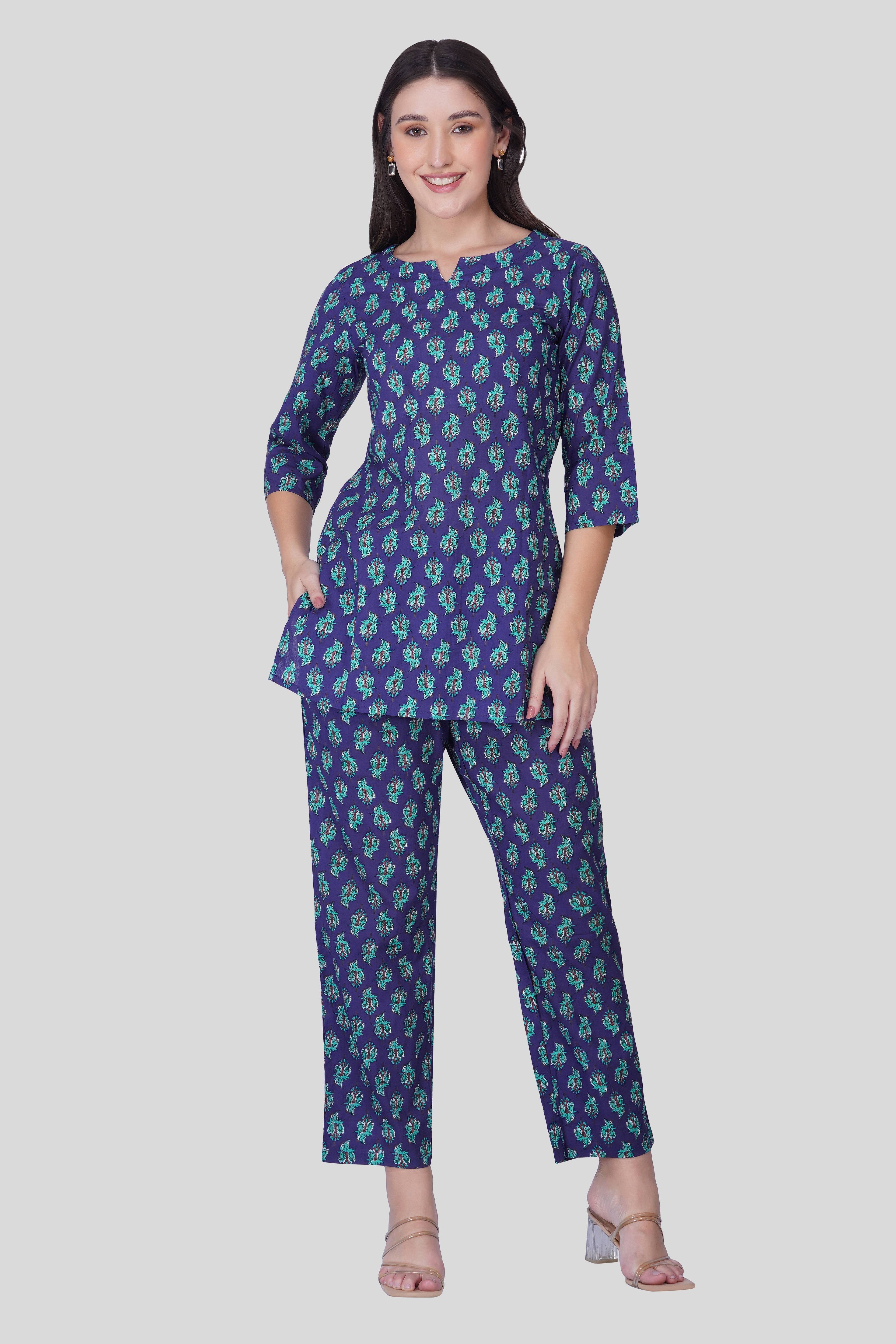 Blue Butta Cotton Printed Pyjama Set