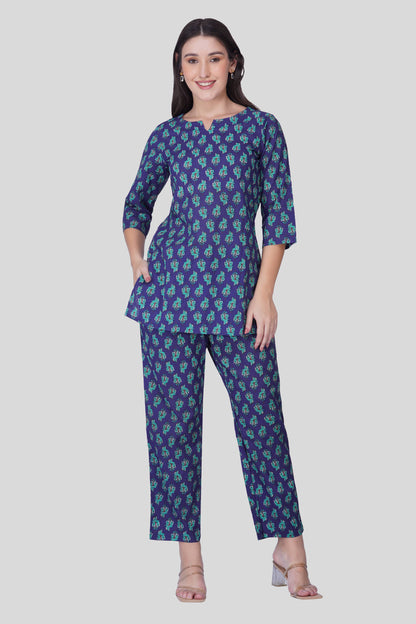 Blue Butta Cotton Printed Pyjama Set