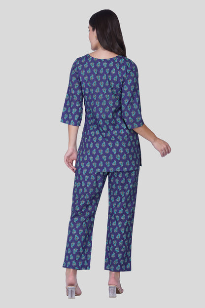 Blue Butta Cotton Printed Pyjama Set