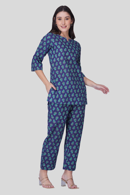 Blue Butta Cotton Printed Pyjama Set