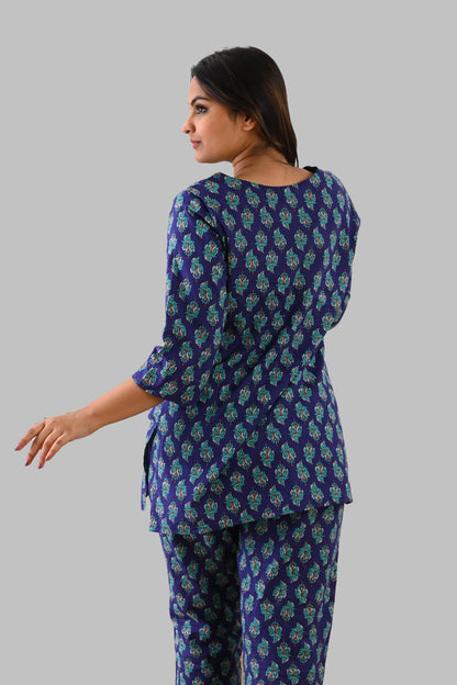 Blue Butta Cotton Printed Pyjama Set