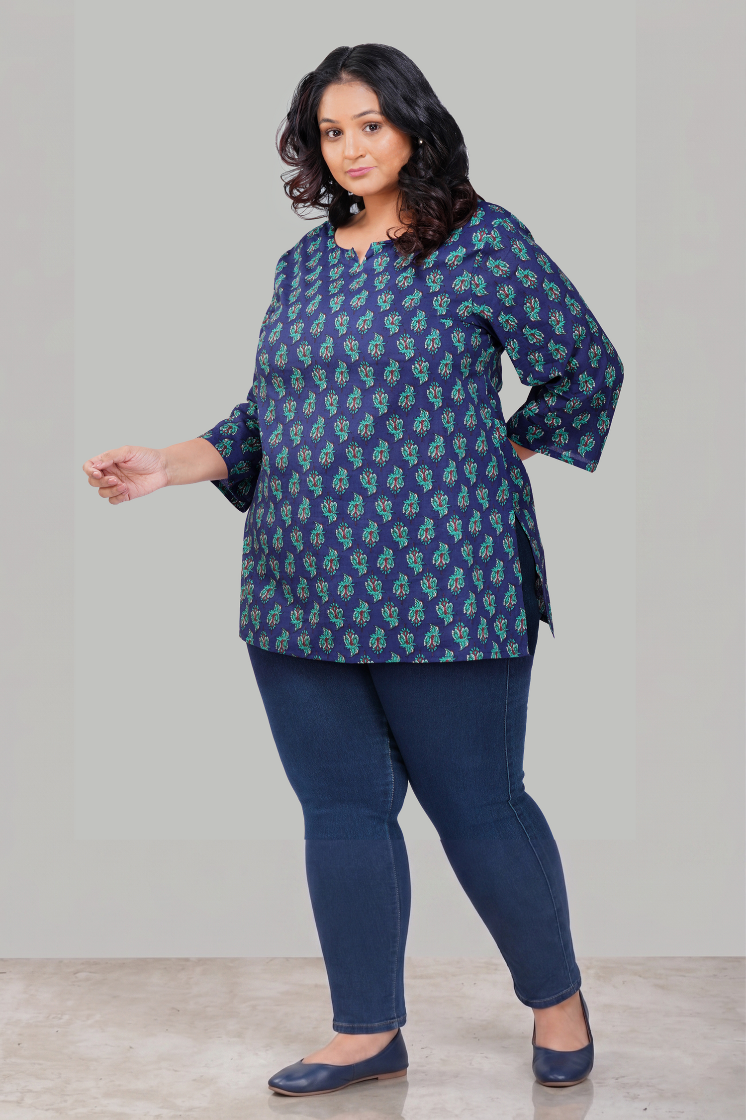 Blue Butta Plus Size Cotton Printed Kurti