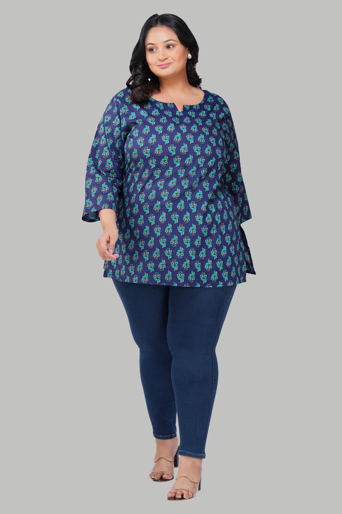 Blue Butta Plus Size Cotton Printed Kurti