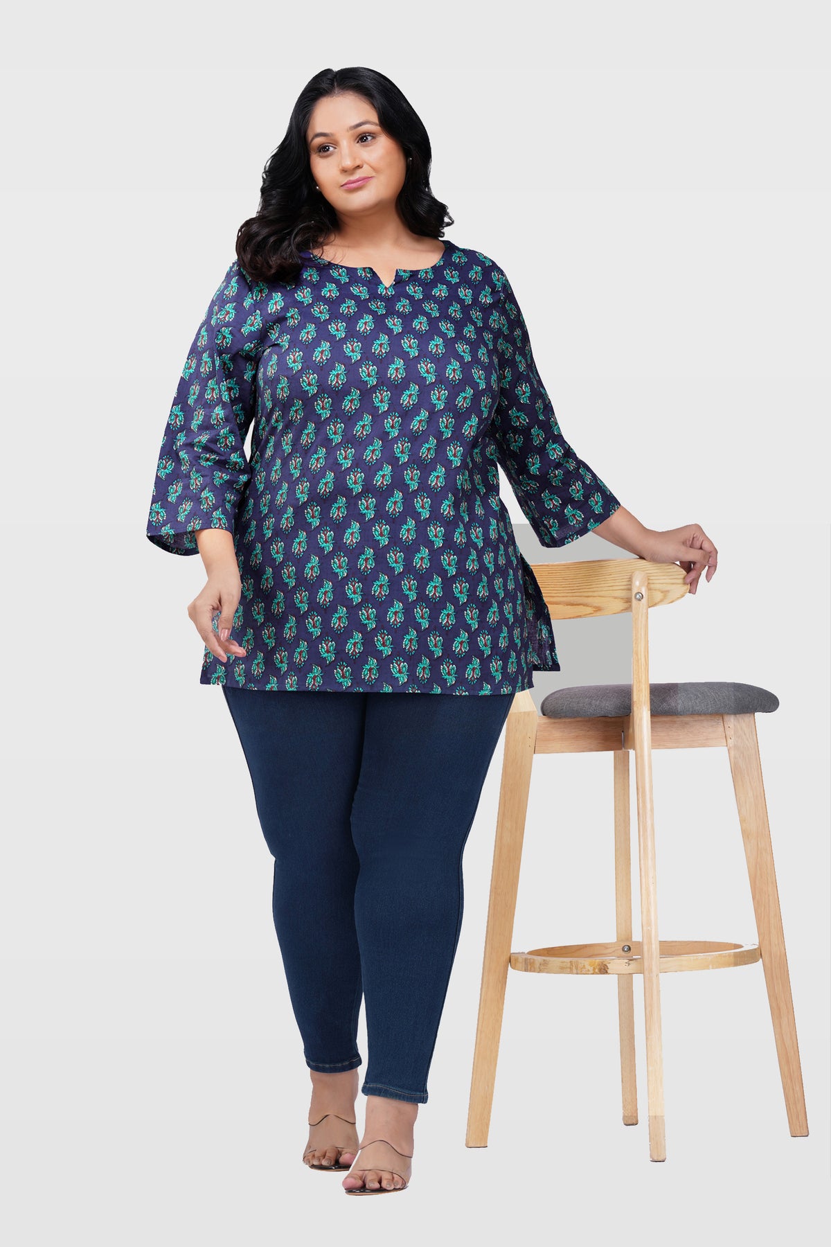 Blue Butta Plus Size Cotton Printed Kurti