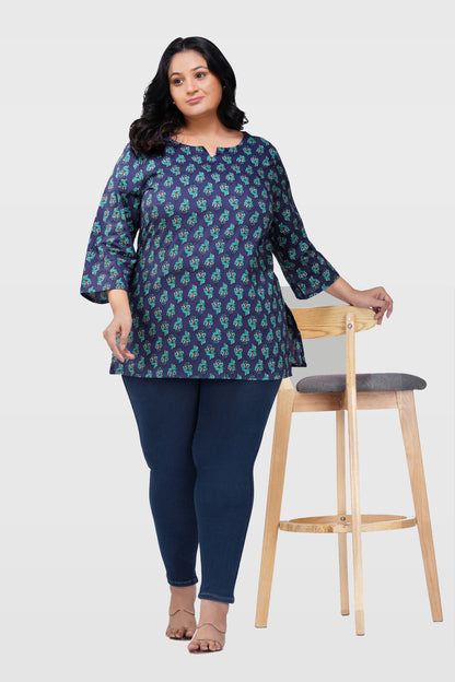 Blue Butta Plus Size Cotton Printed Kurti