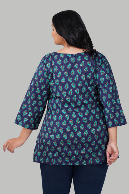 Blue Butta Plus Size Cotton Printed Kurti