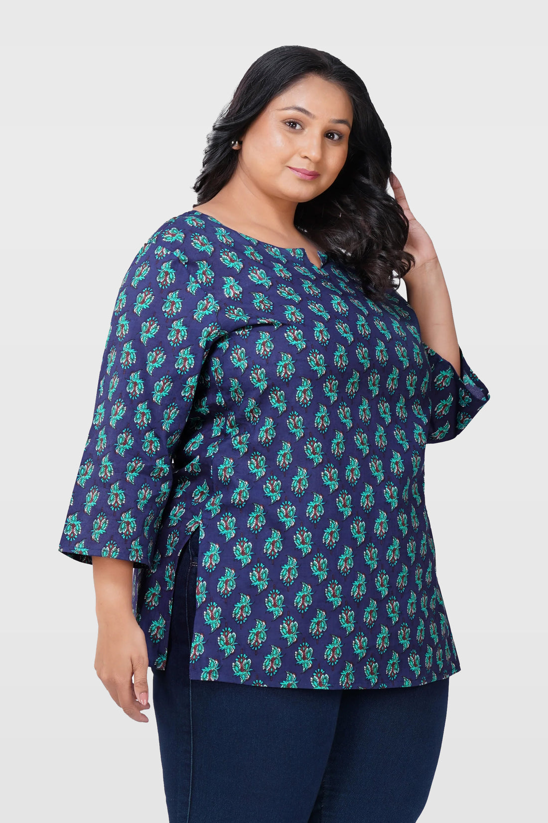 Blue Butta Plus Size Cotton Printed Kurti