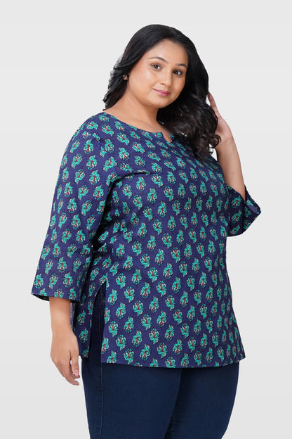 Blue Butta Plus Size Cotton Printed Kurti