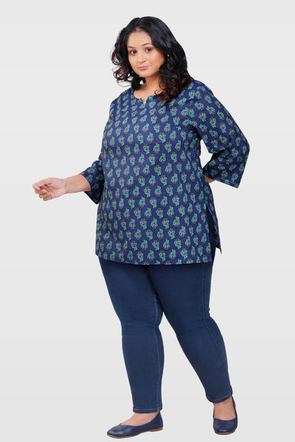 Blue Butta Plus Size Cotton Printed Kurti