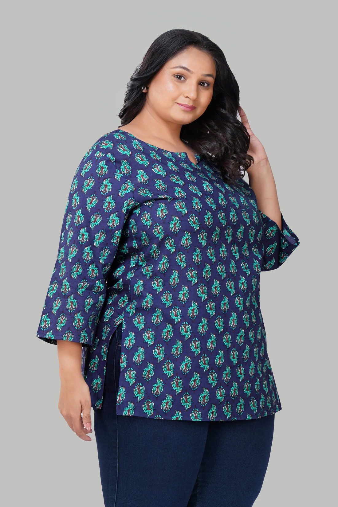 Blue Butta Plus Size Cotton Printed Kurti 