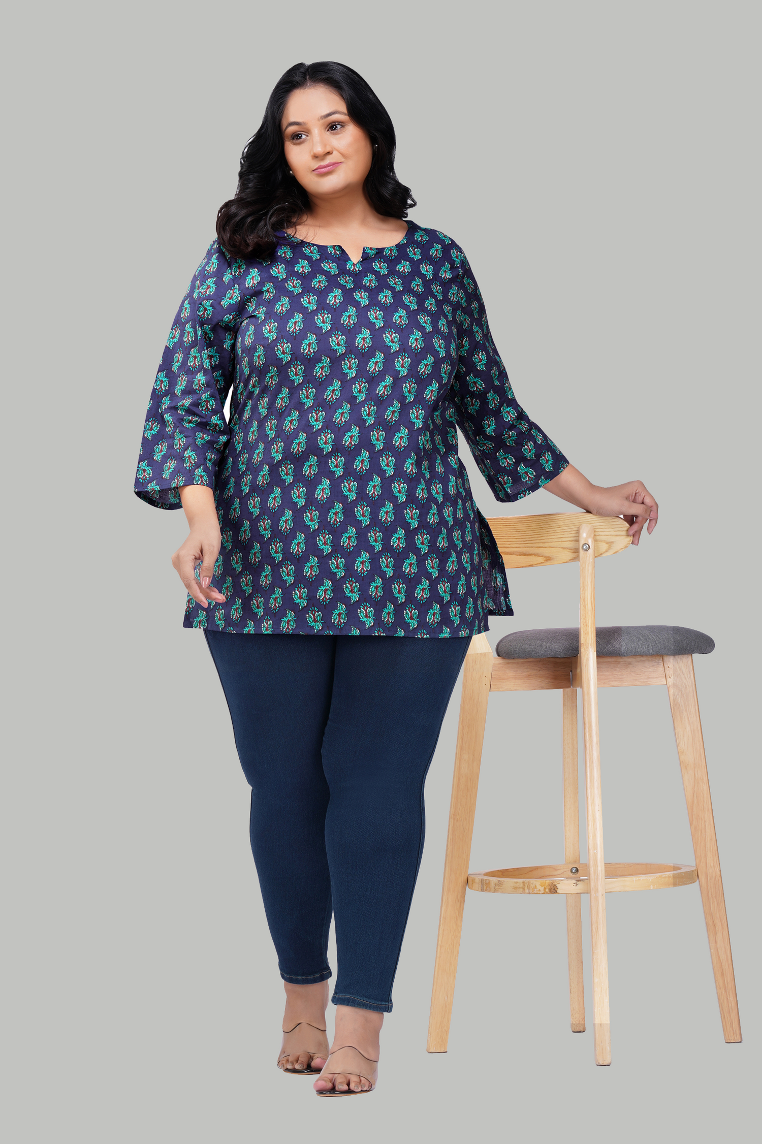 Blue Butta Plus Size Cotton Printed Kurti