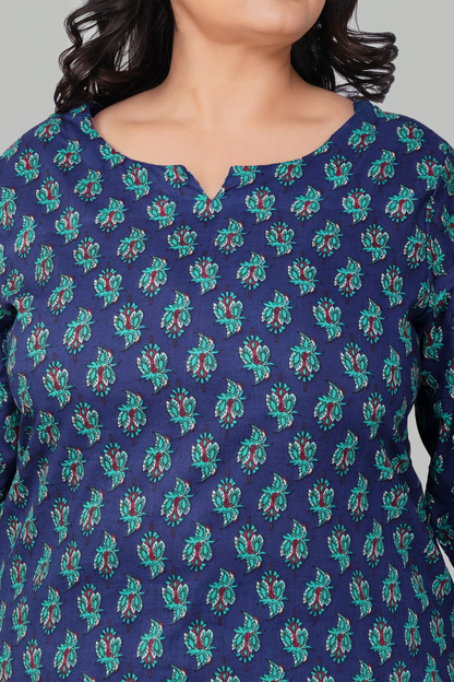 Blue Butta Plus Size Cotton Printed Kurti