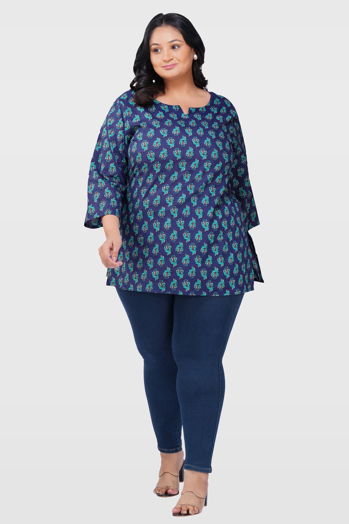 Blue Butta Plus Size Cotton Printed Kurti