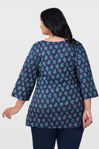 Blue Butta Plus Size Cotton Printed Kurti