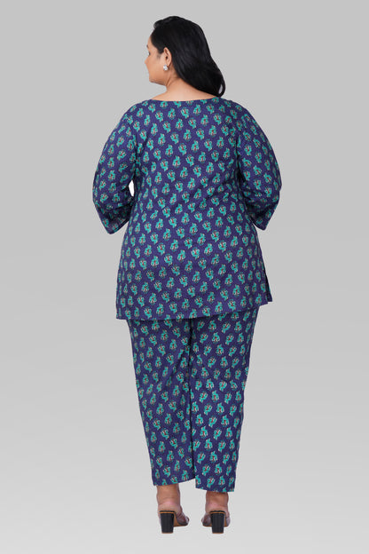 Blue Butta Plus Size Cotton Printed Pyjama Set