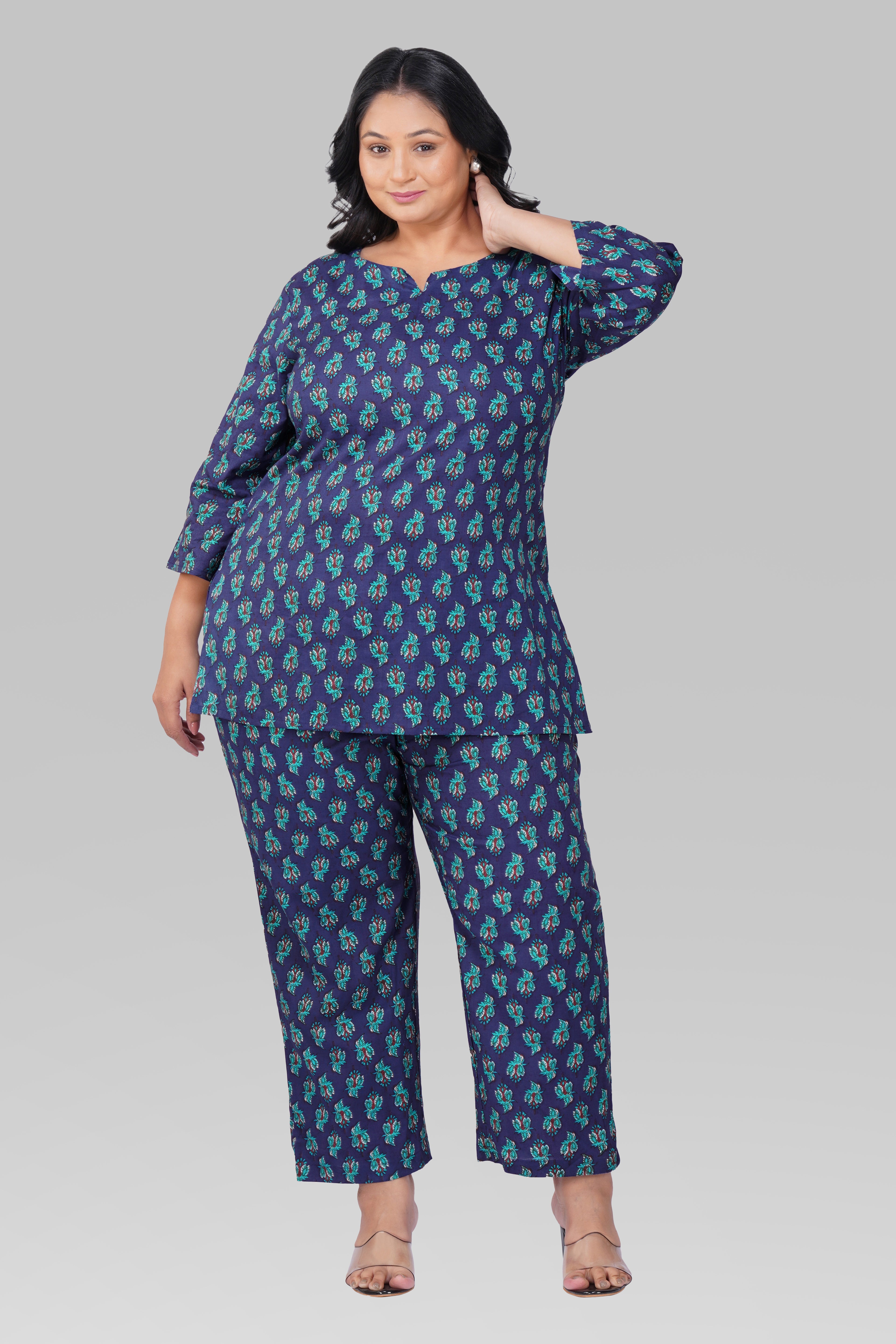 Blue Butta Plus Size Cotton Printed Pyjama Set