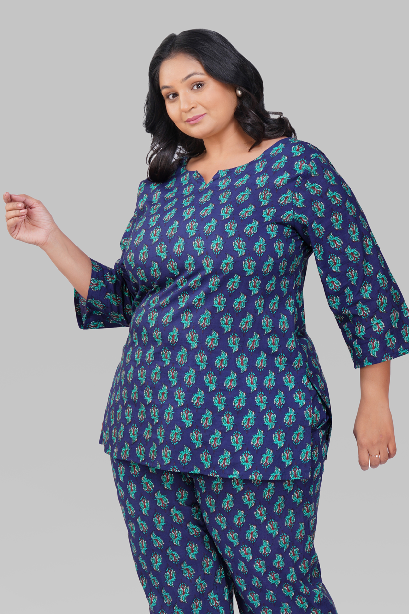 Blue Butta Plus Size Cotton Printed Pyjama Set
