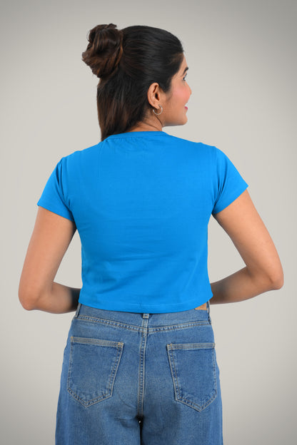 Blue Cotton Crop Crew Neck T-Shirt